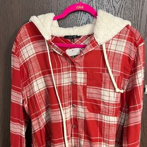 Fuzzy hooded flannel shirt